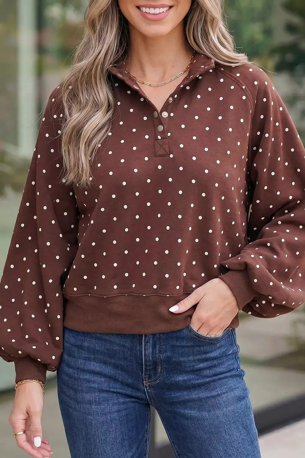 Polka Dot Print Metal Button Collar Casual Pullover Sweatshirt by Trendsi