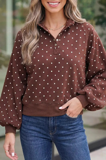 Polka Dot Print Metal Button Collar Casual Pullover Sweatshirt by Trendsi