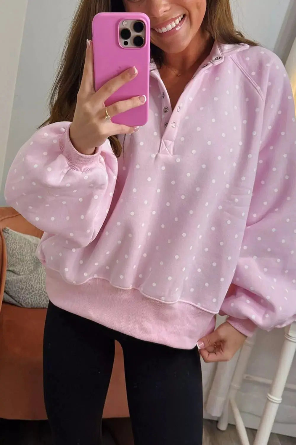 Polka Dot Print Metal Button Collar Casual Pullover Sweatshirt by Trendsi
