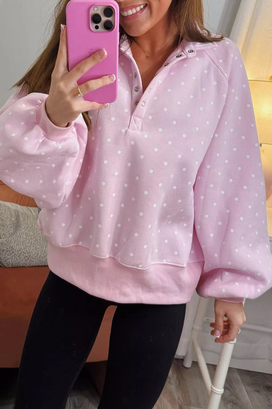 Polka Dot Print Metal Button Collar Casual Pullover Sweatshirt - Bitsy Gypsy Boutique