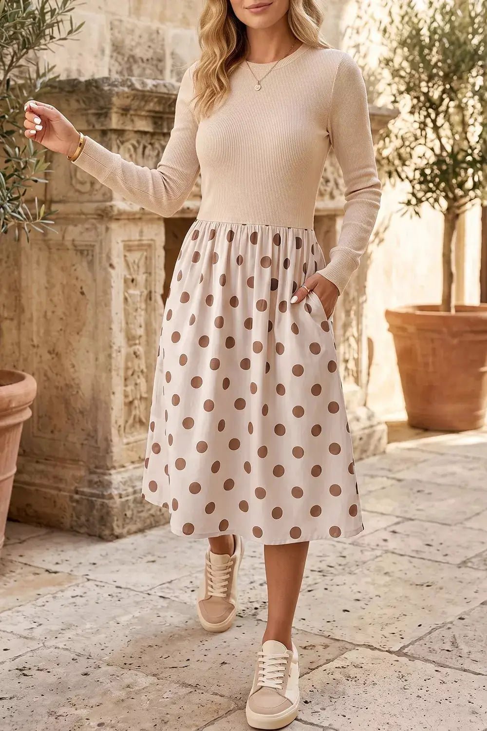 Polka Dot Ribbed Long Sleeve Pocketed Midi Dress - Bitsy Gypsy Boutique