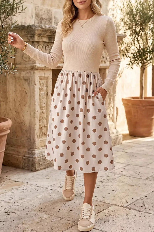 Polka Dot Ribbed Long Sleeve Pocketed Midi Dress - Bitsy Gypsy Boutique