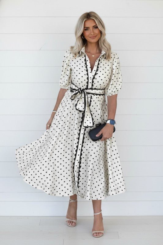 Polka Dot Scallop Trim Button Down Midi Dress - Bitsy Gypsy Boutique