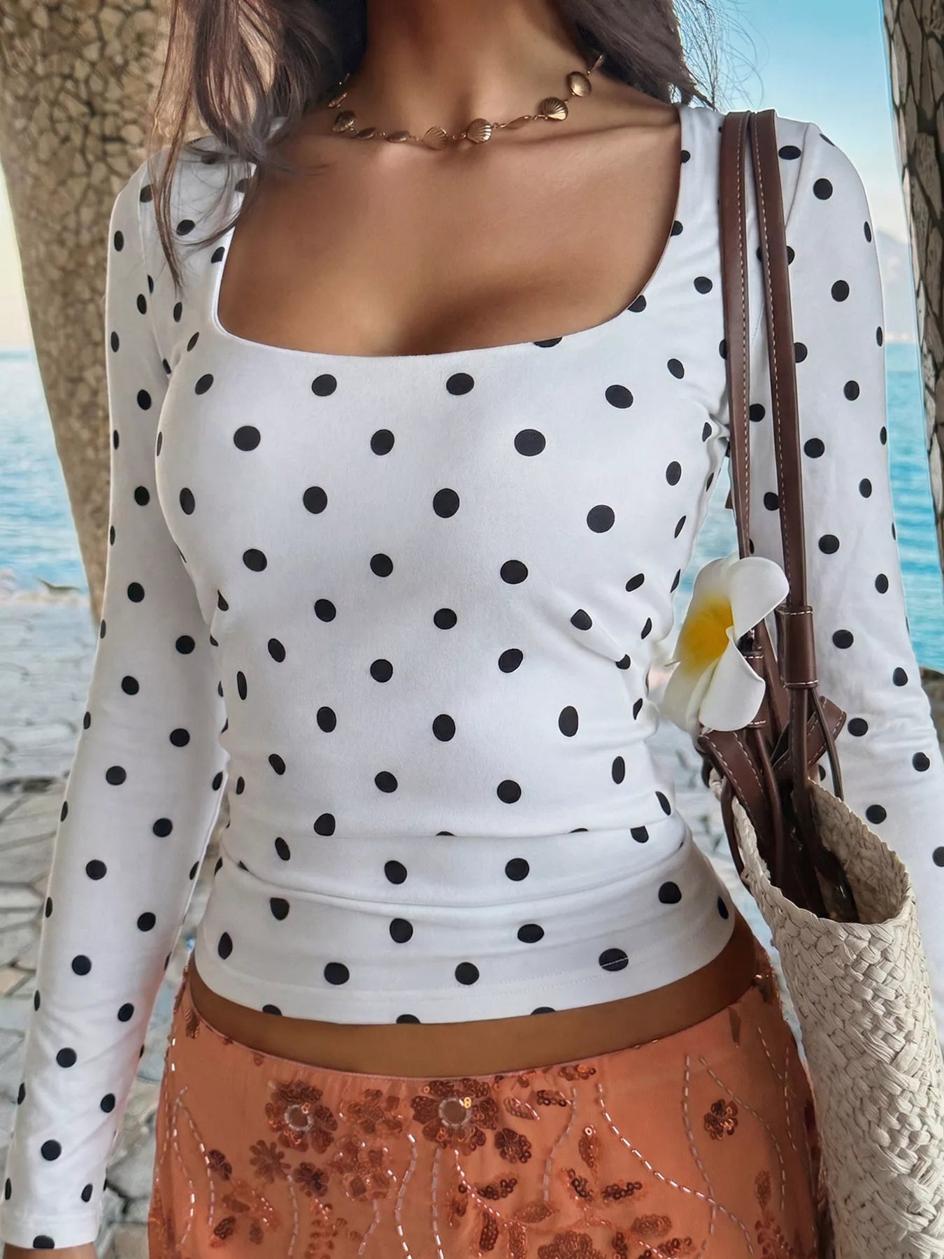 Polka Dot Square Neck Long Sleeve T-Shirt - Bitsy Gypsy Boutique