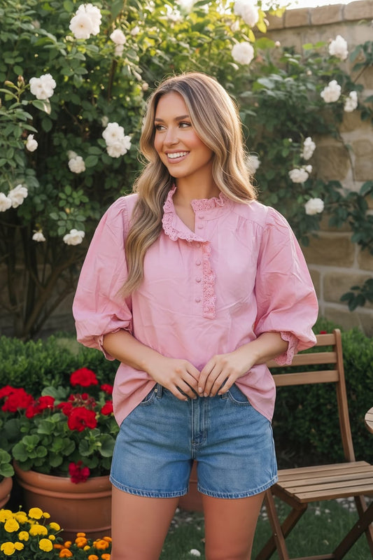Pretty in Pink Puff Sleeve Button Top - Bitsy Gypsy Boutique
