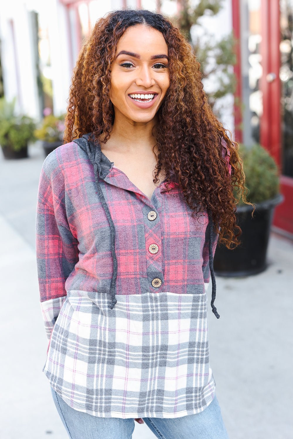 Pretty in Plaid Brushed Hacci Color Block Hoodie - Bitsy Gypsy Boutique