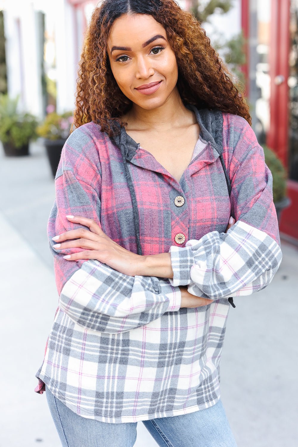 Pretty in Plaid Brushed Hacci Color Block Hoodie - Bitsy Gypsy Boutique