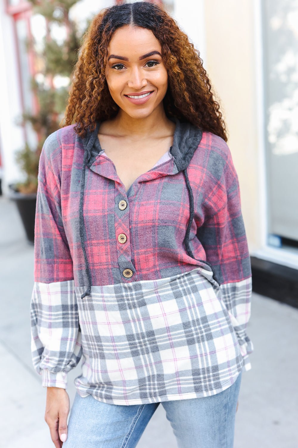 Pretty in Plaid Brushed Hacci Color Block Hoodie - Bitsy Gypsy Boutique