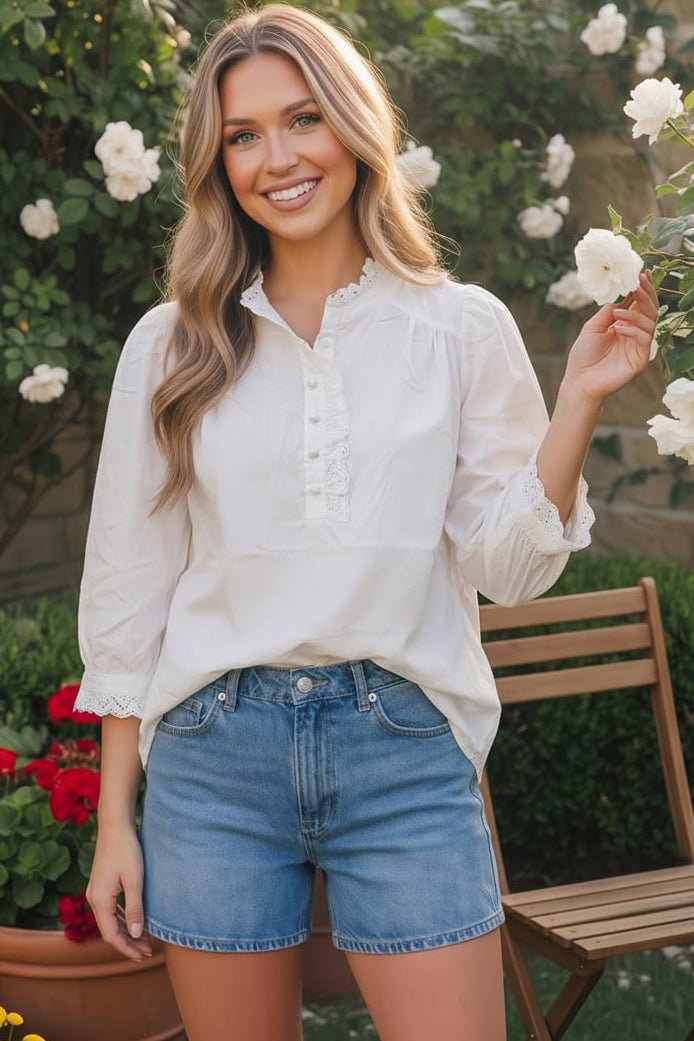 Pretty in White Puff Sleeve Button Top - Bitsy Gypsy Boutique