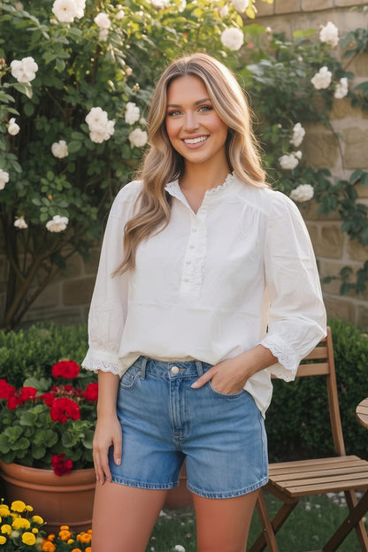 Pretty in White Puff Sleeve Button Top - Bitsy Gypsy Boutique