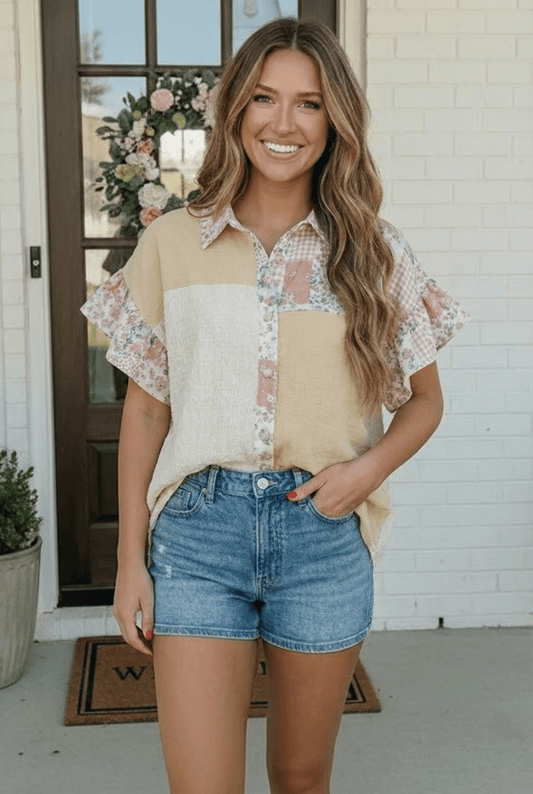 Pretty Patchwork Floral Button Down Top - Bitsy Gypsy Boutique