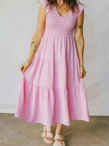 Smocked V-Neck Flutter Sleeve Tiered Midi Dress