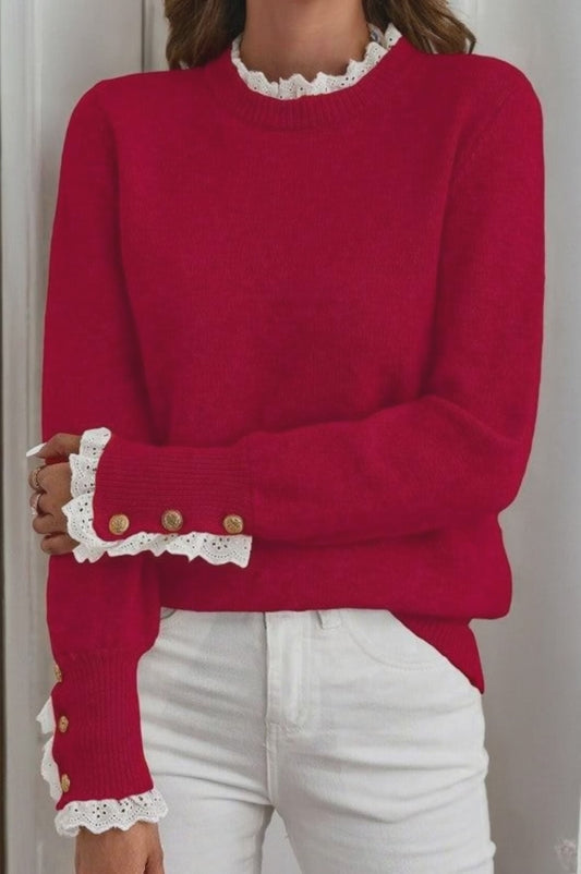 Lace Trim Patchwork Buttoned Cuff Sweater