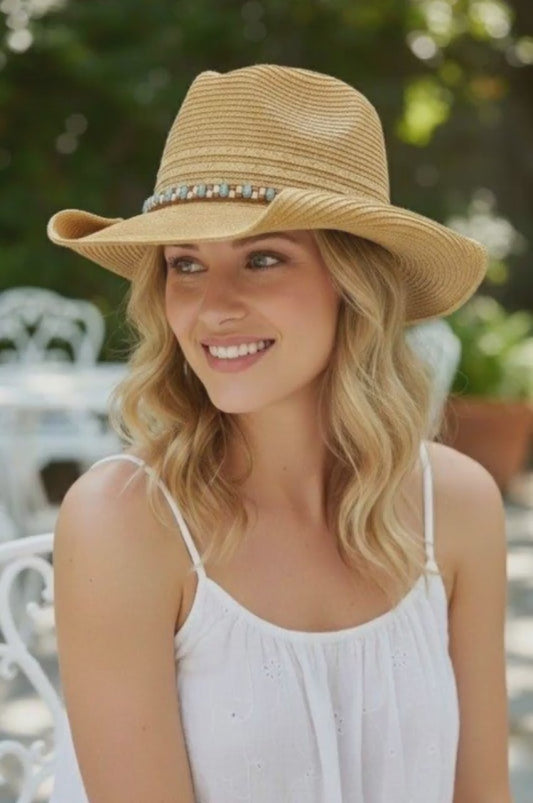 Straw Cowboy Hat With Multicolor Beaded Band