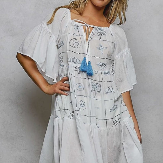 POL Tied Tassel Embroidery Half Flared Sleeve Mini Dress