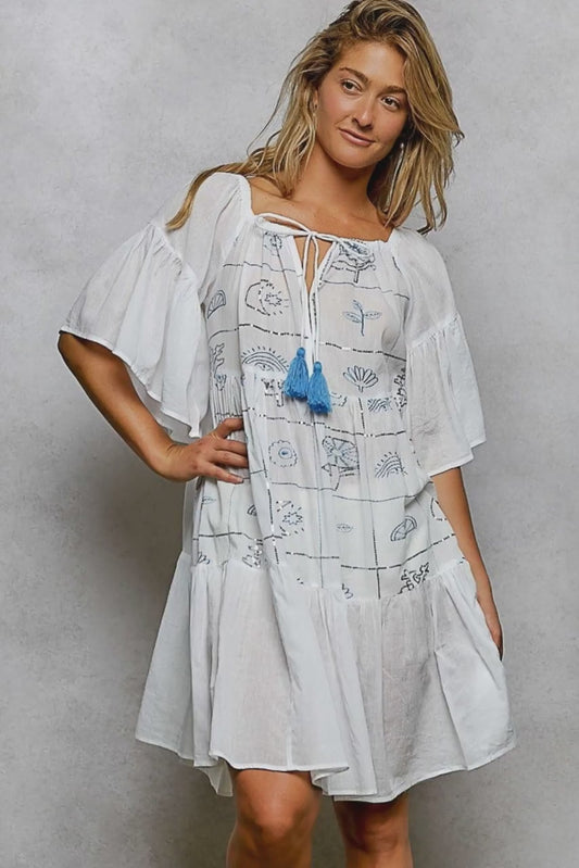 POL Tied Tassel Embroidery Half Flared Sleeve Mini Dress