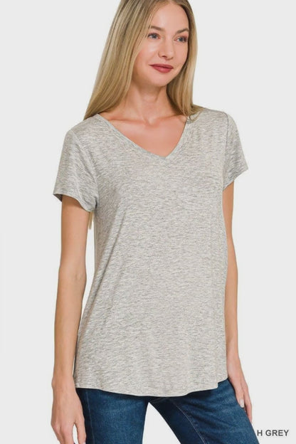 Zenana Rayon Short Sleeve V-neck Round Hem Top