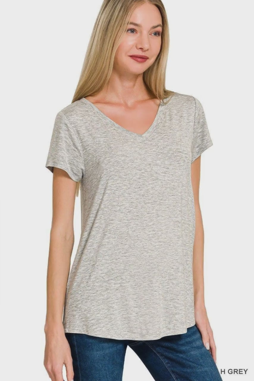 Zenana Rayon Short Sleeve V-neck Round Hem Top