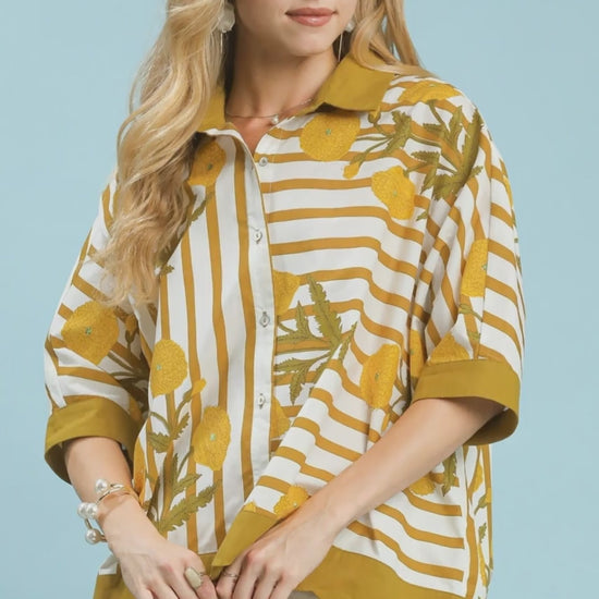 Umgee Mix Floral Stripe Button Down Top