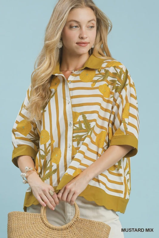 Umgee Mix Floral Stripe Button Down Top