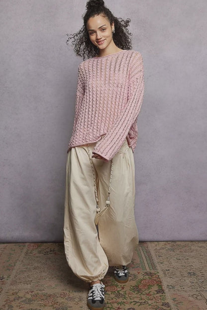 POL Openwork Round Neck Knit Top with Shiny Detail