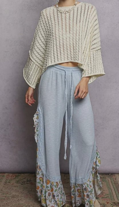 POL Cable-Knit Openwork Round Neck Cropped Sweater