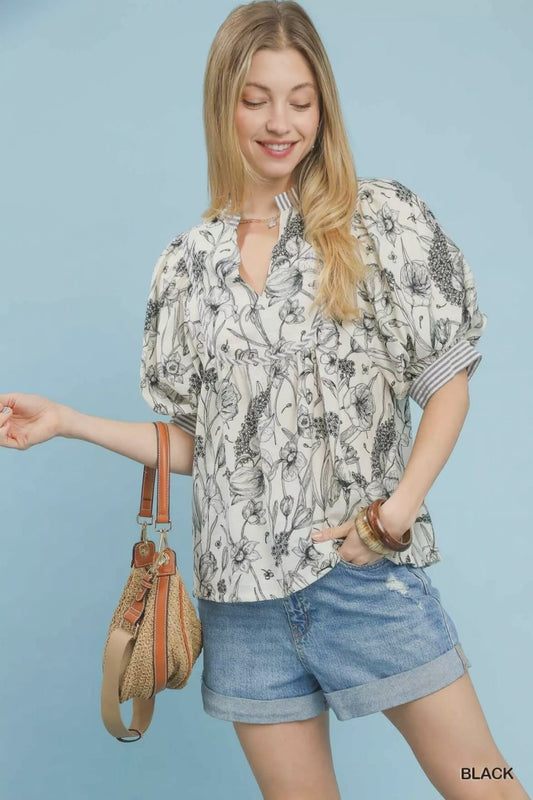 Umgee Mixed Print Puff Sleeve Split Neck Top