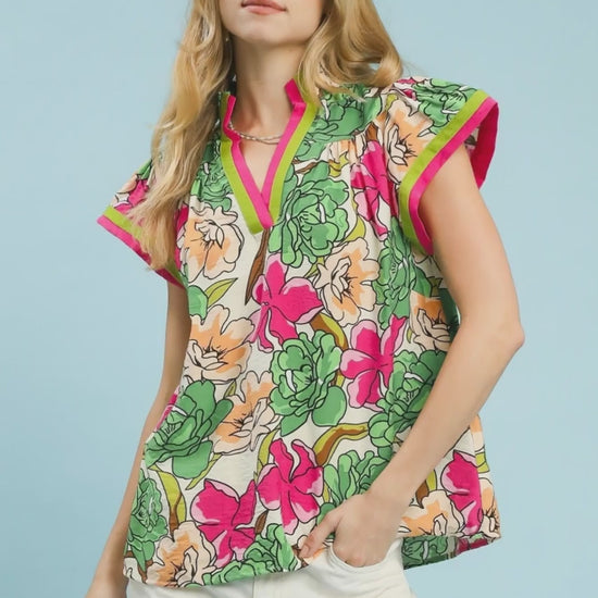 Umgee Floral Print Blouse with Contrast Trim