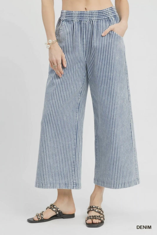 Umgee Stone Wash Stripe Wide-Leg Pants