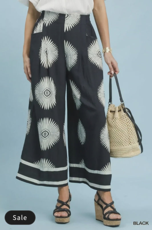 Umgee Abstract Border Print Wide Leg Pants