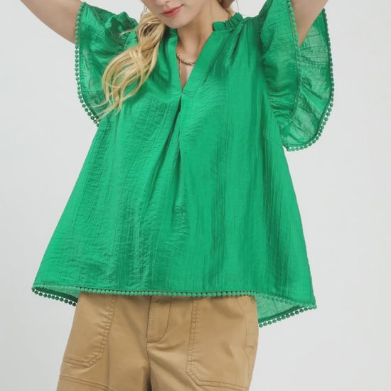 Umgee Flutter Sleeve Relaxed Top with Trim Detail