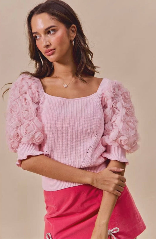 SO ME Rosette Sleeves Square Neck Sweater Knit Top