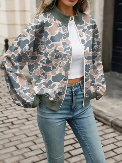 Printed Zip Up Long Sleeve Sweatshirt by Trendsi