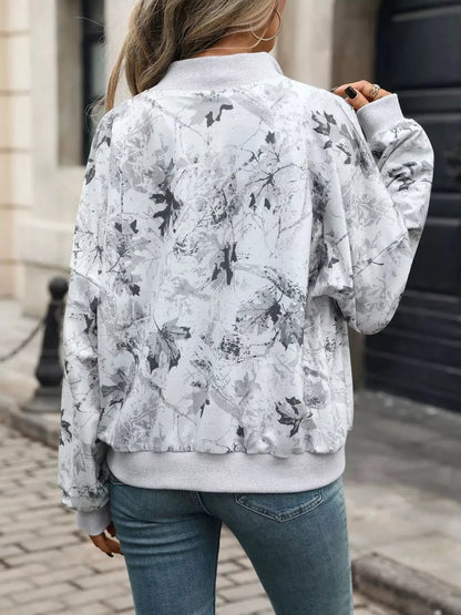 Printed Zip Up Long Sleeve Sweatshirt by Trendsi