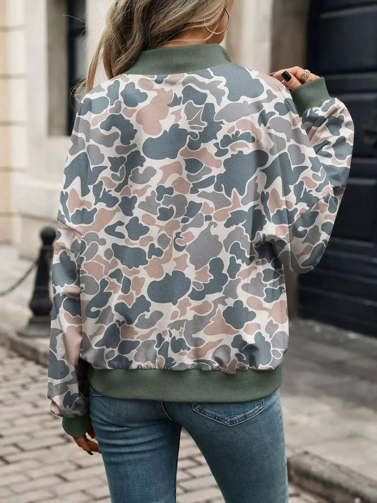 Printed Zip Up Long Sleeve Sweatshirt by Trendsi