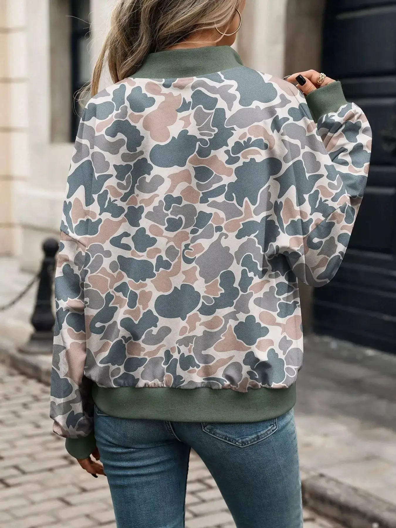 Printed Zip Up Long Sleeve Sweatshirt by Trendsi