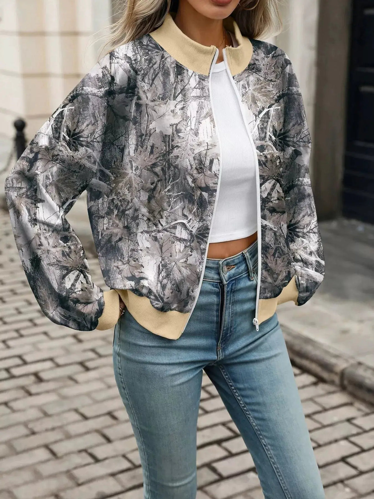 Printed Zip Up Long Sleeve Sweatshirt by Trendsi
