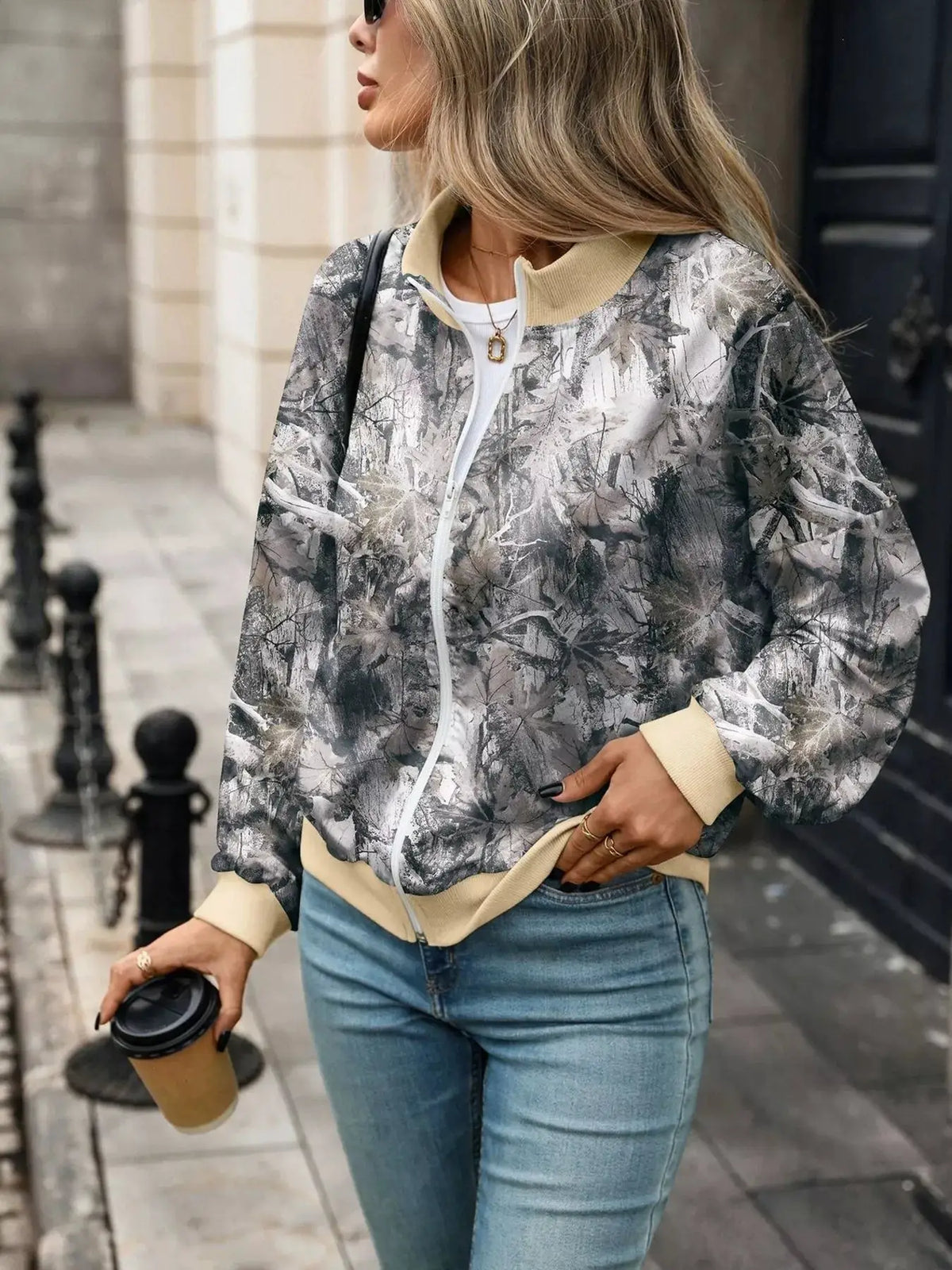 Printed Zip Up Long Sleeve Sweatshirt by Trendsi