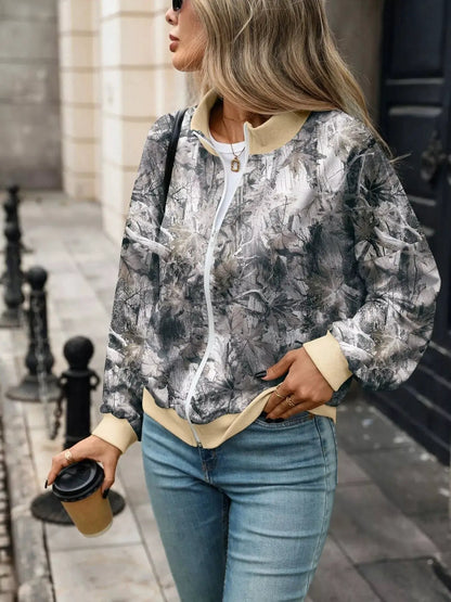 Printed Zip Up Long Sleeve Sweatshirt by Trendsi