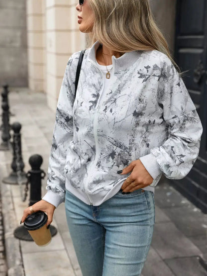 Printed Zip Up Long Sleeve Sweatshirt by Trendsi