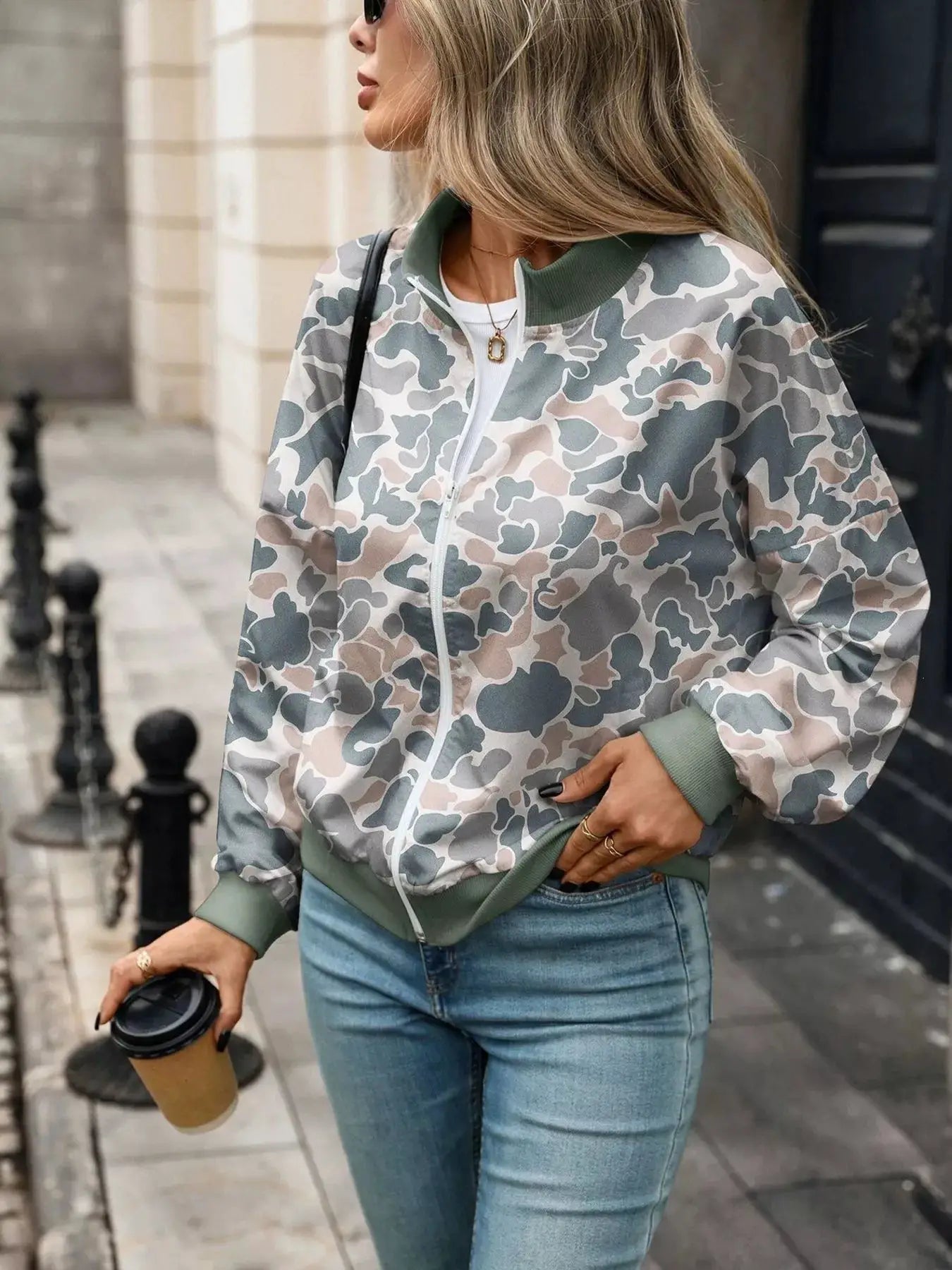 Printed Zip Up Long Sleeve Sweatshirt by Trendsi