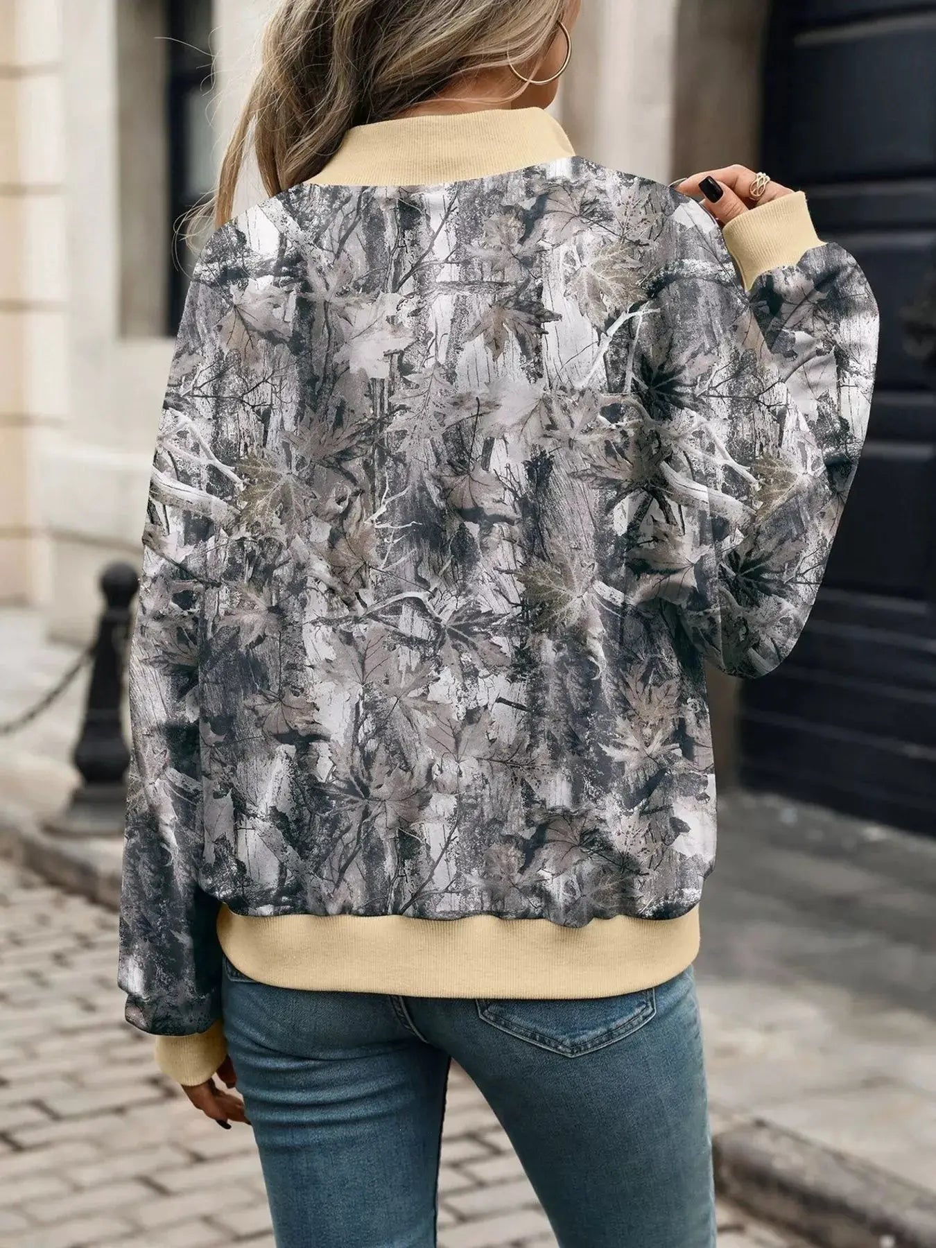 Printed Zip Up Long Sleeve Sweatshirt by Trendsi