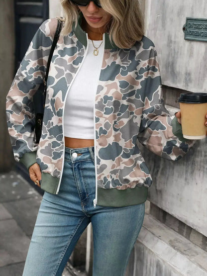 Printed Zip Up Long Sleeve Sweatshirt by Trendsi