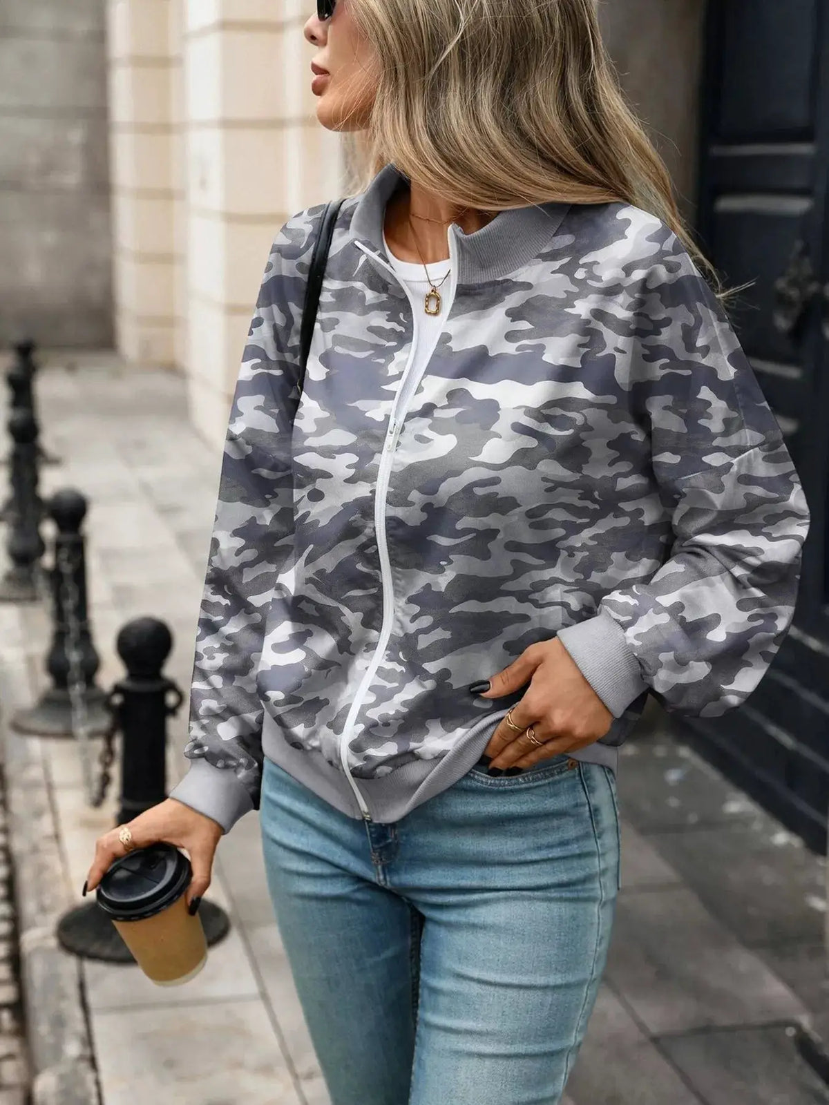 Printed Zip Up Long Sleeve Sweatshirt by Trendsi