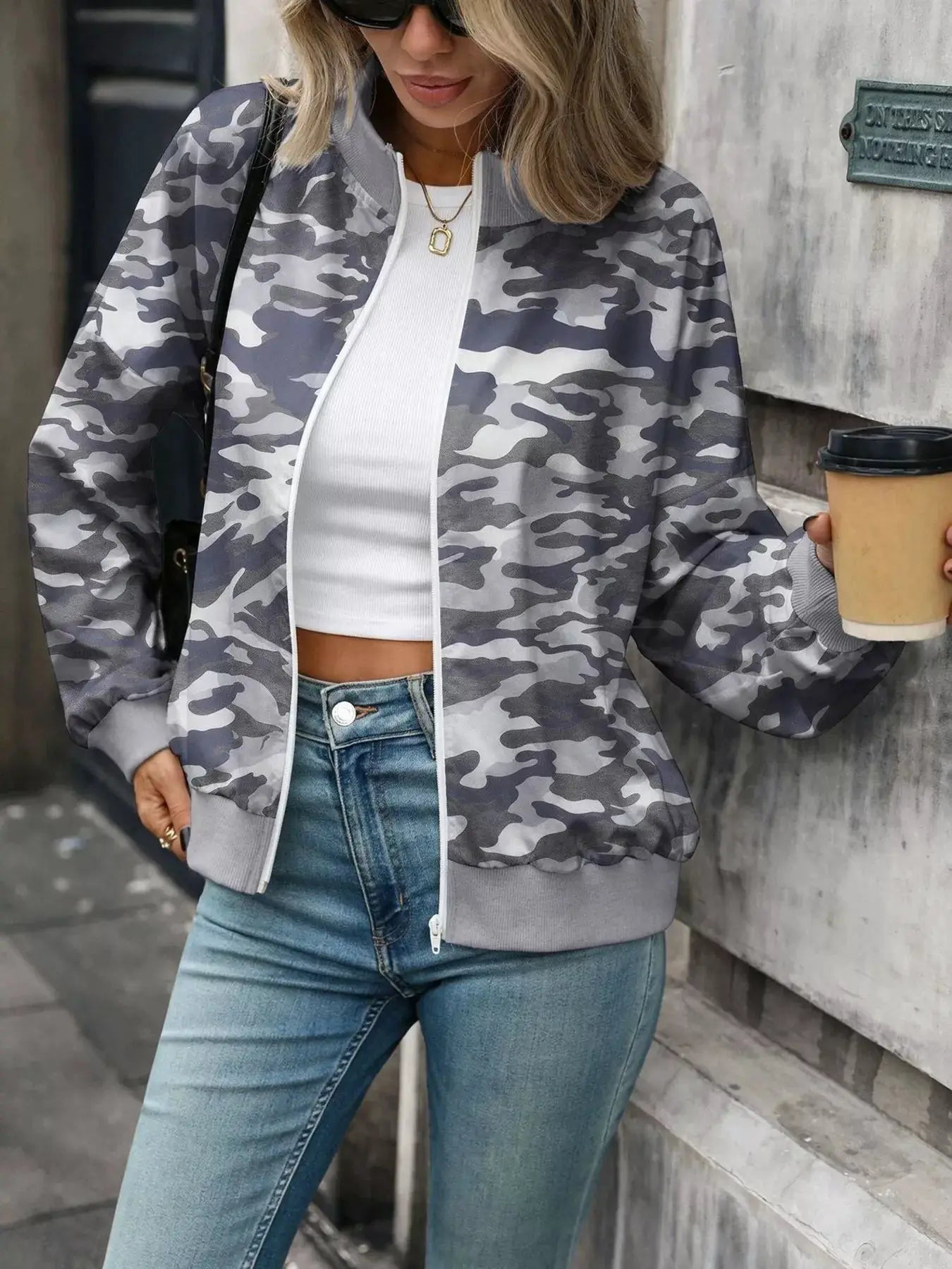 Printed Zip Up Long Sleeve Sweatshirt by Trendsi