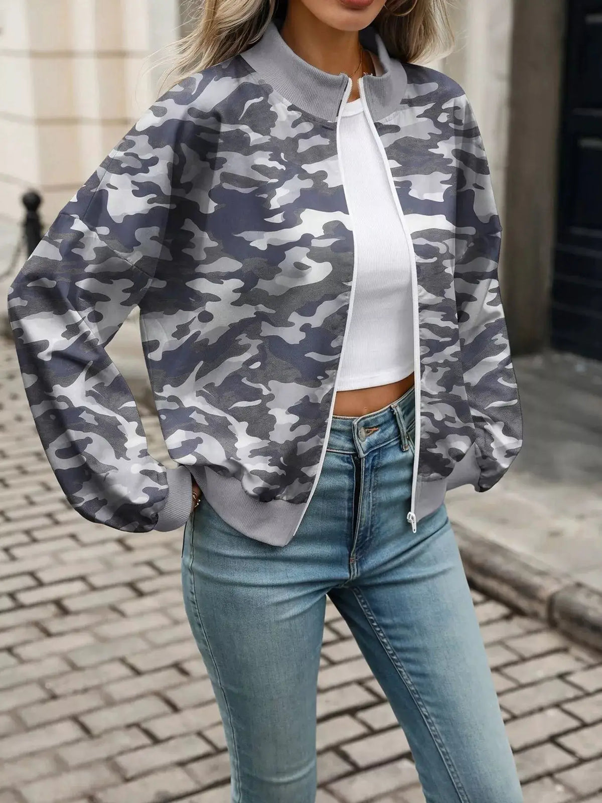 Printed Zip Up Long Sleeve Sweatshirt by Trendsi