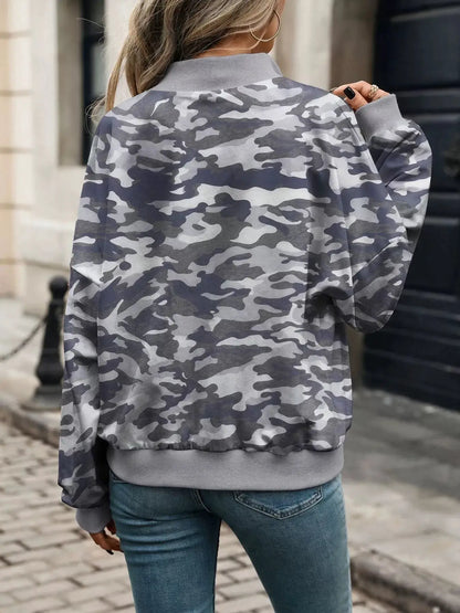 Printed Zip Up Long Sleeve Sweatshirt by Trendsi