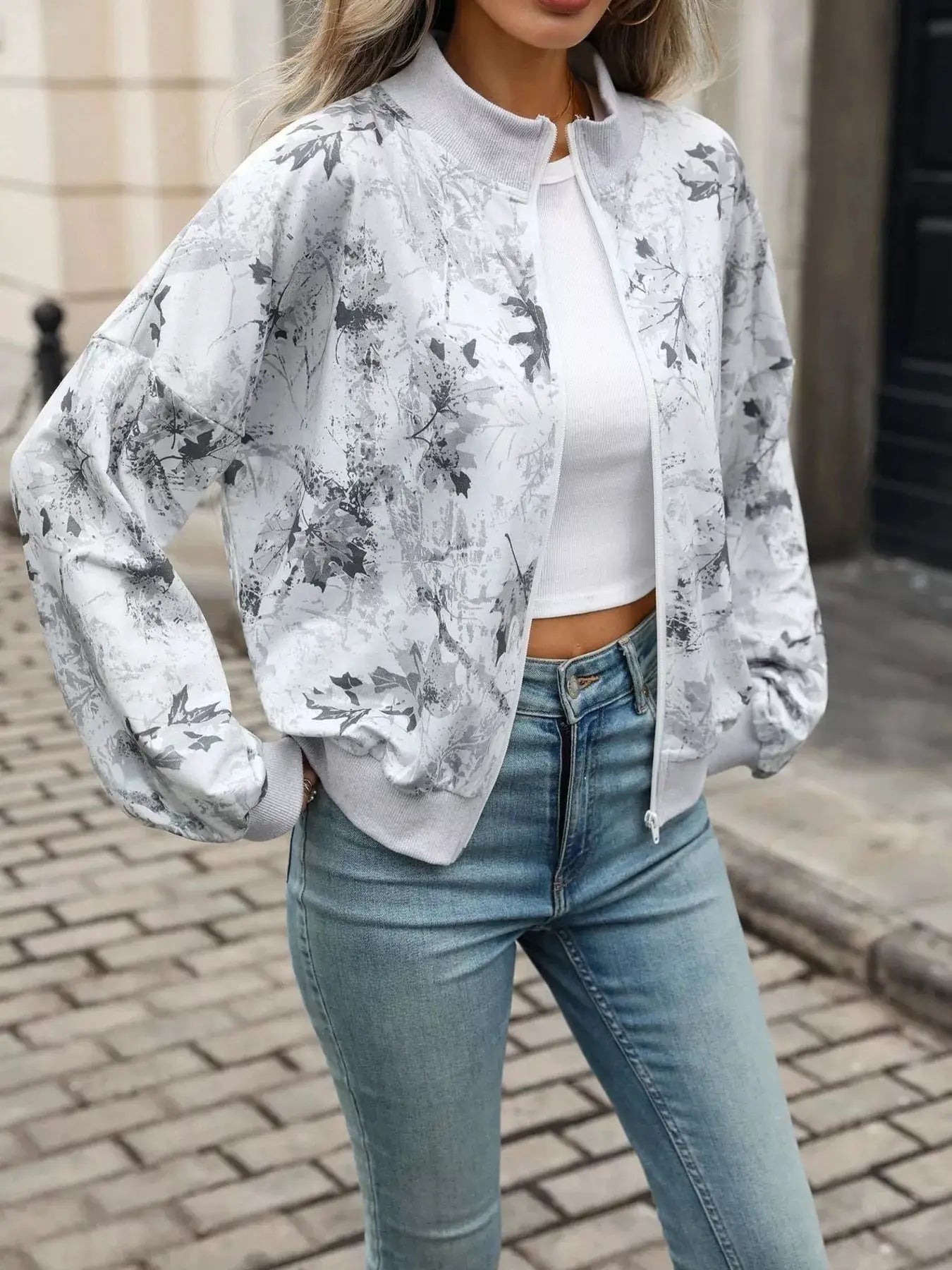 Printed Zip Up Long Sleeve Sweatshirt by Trendsi