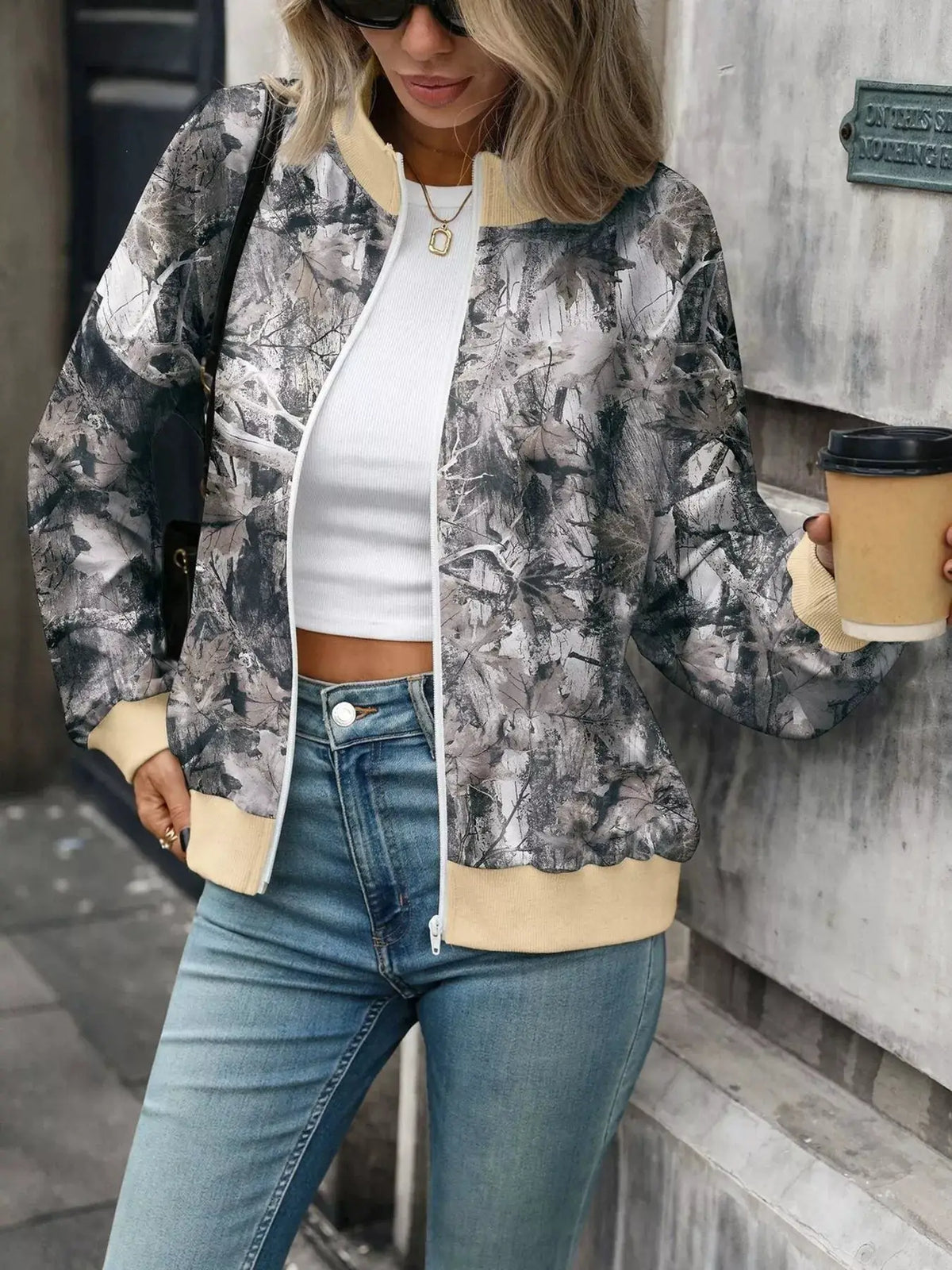 Printed Zip Up Long Sleeve Sweatshirt by Trendsi