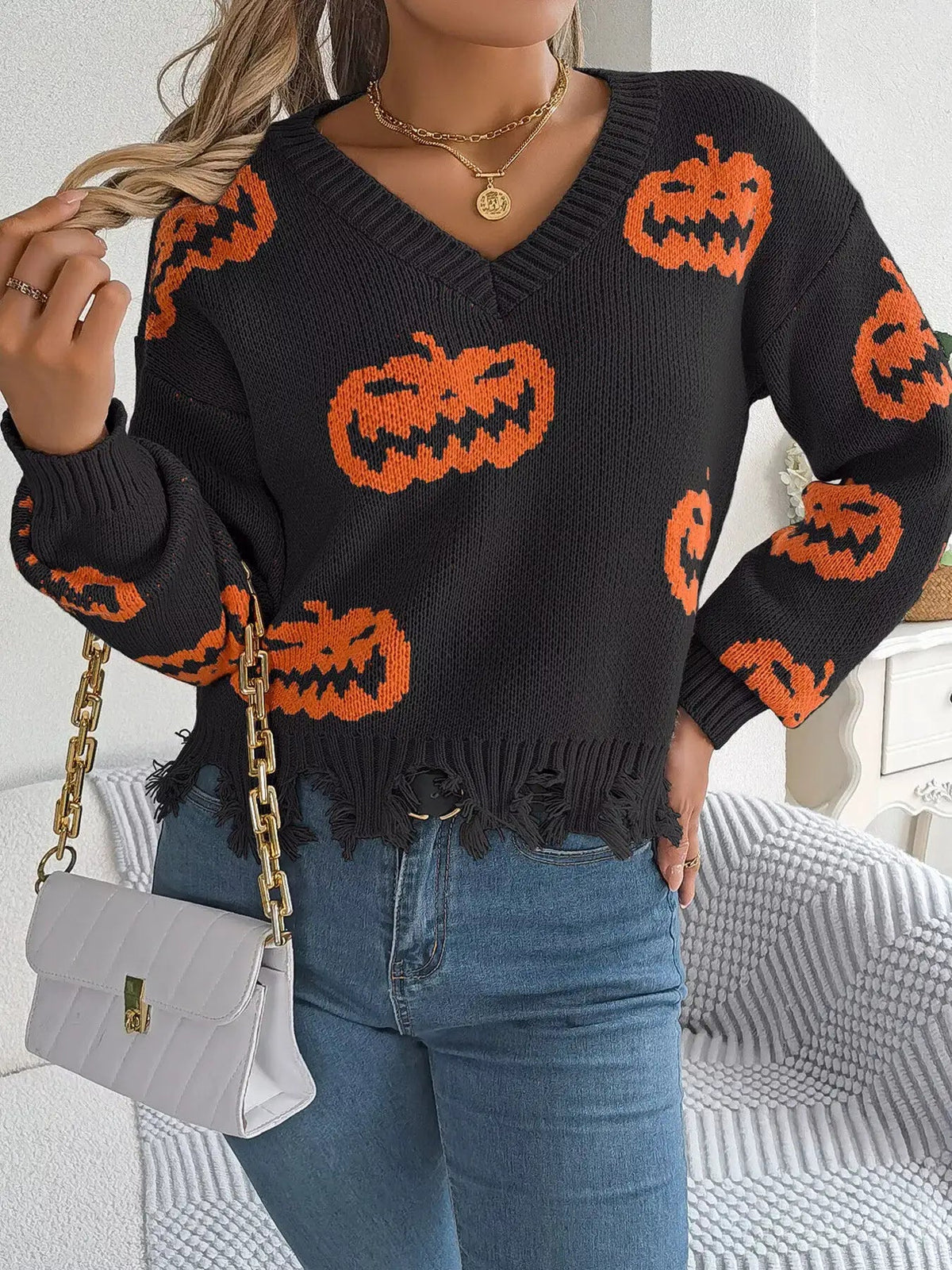 Pumpkin Distressed Hem Sweater - Bitsy Gypsy Boutique